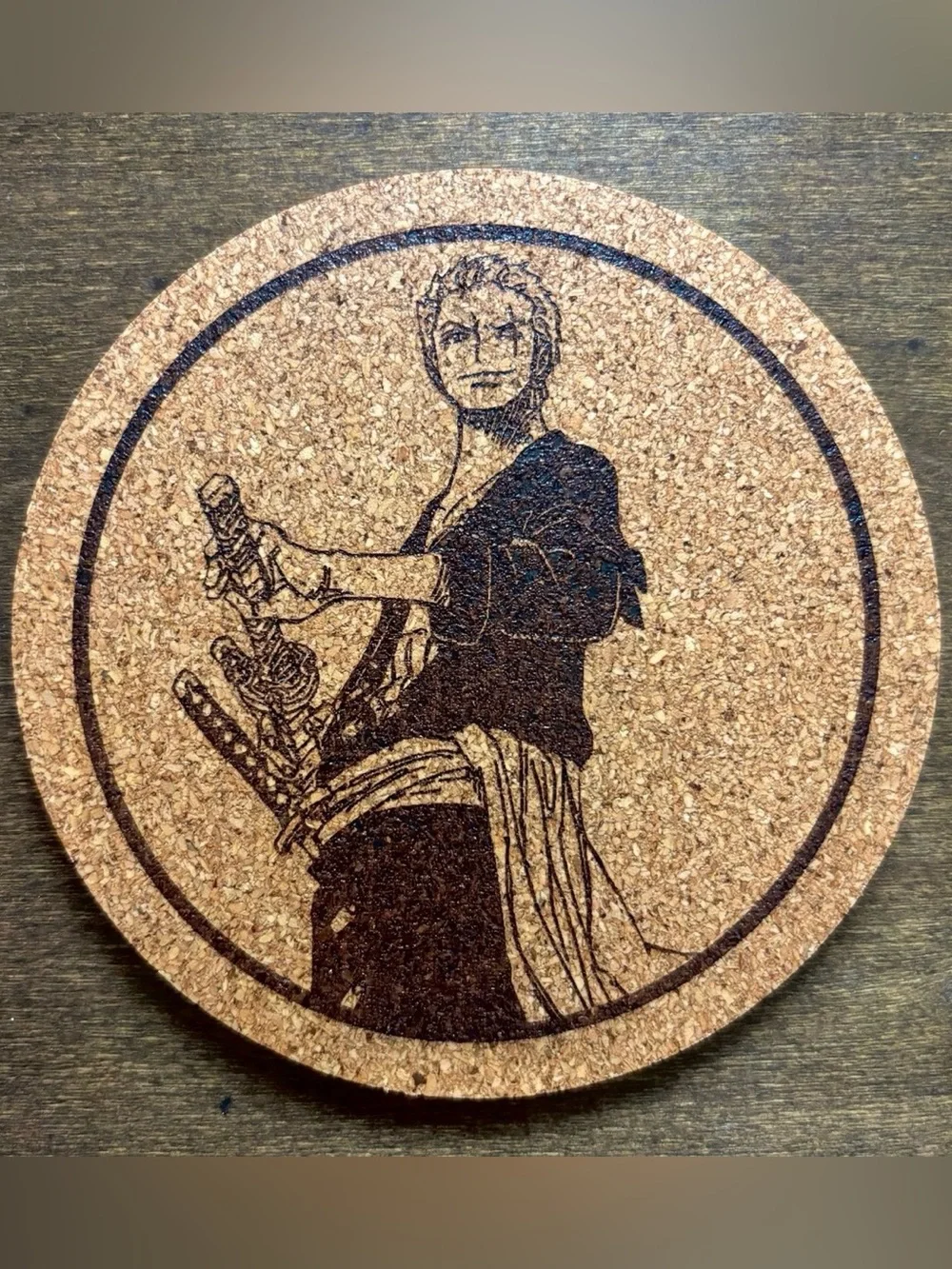 One Piece Zoro Laser Engraved Cork Coasters Lot of 6